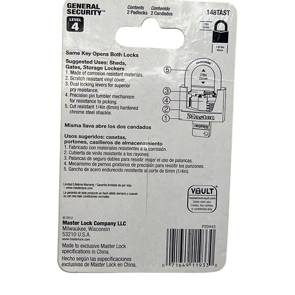Master Lock General Security Padlocks 7/8" Shackle Height 1-9/16" Wide Body 2 pk - Picture 2 of 3